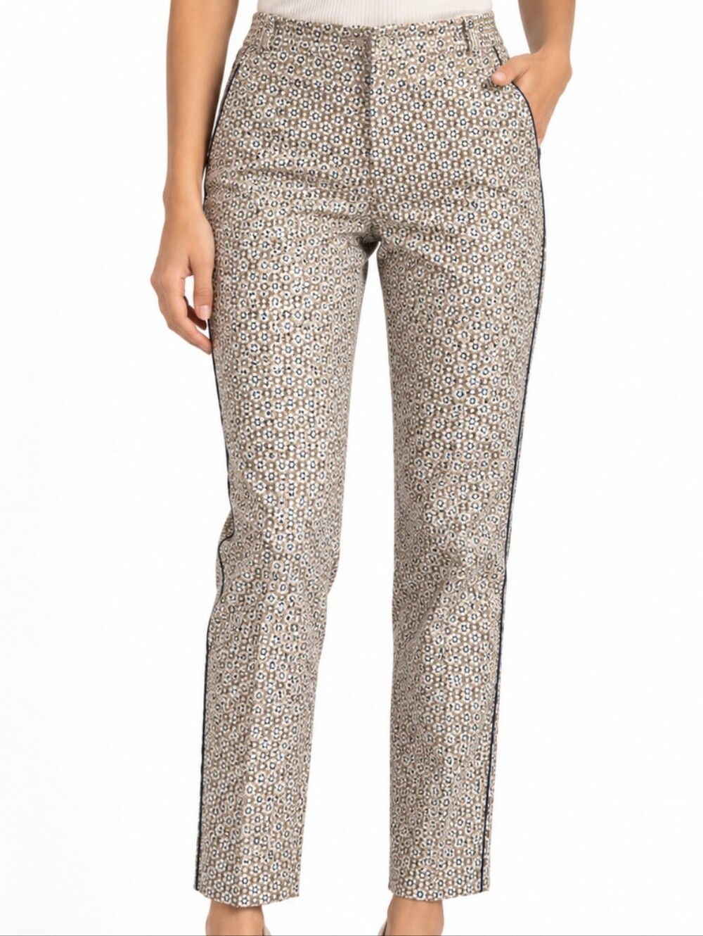Maje Jacquard Metallic Trousers Pants Size EU 34 US XS Floral Print Straight Leg